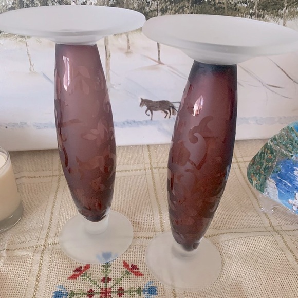 Set of 2, Hand Blown Frosted, Etched, Purple Glass Pillar Candle Holders - Picture 1 of 3